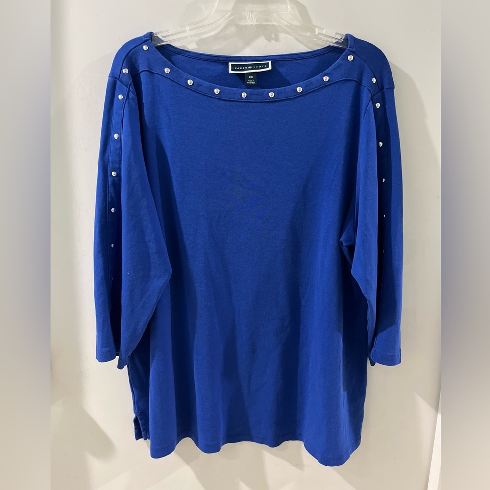 Karen Scott Royal Blue Stud-Trim Boatneck Top, size 2X